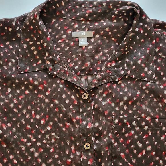 J Jill Deep Brown Sheer Polka Dot Print Button Down Tunic Size Petite Large - Picture 7 of 11
